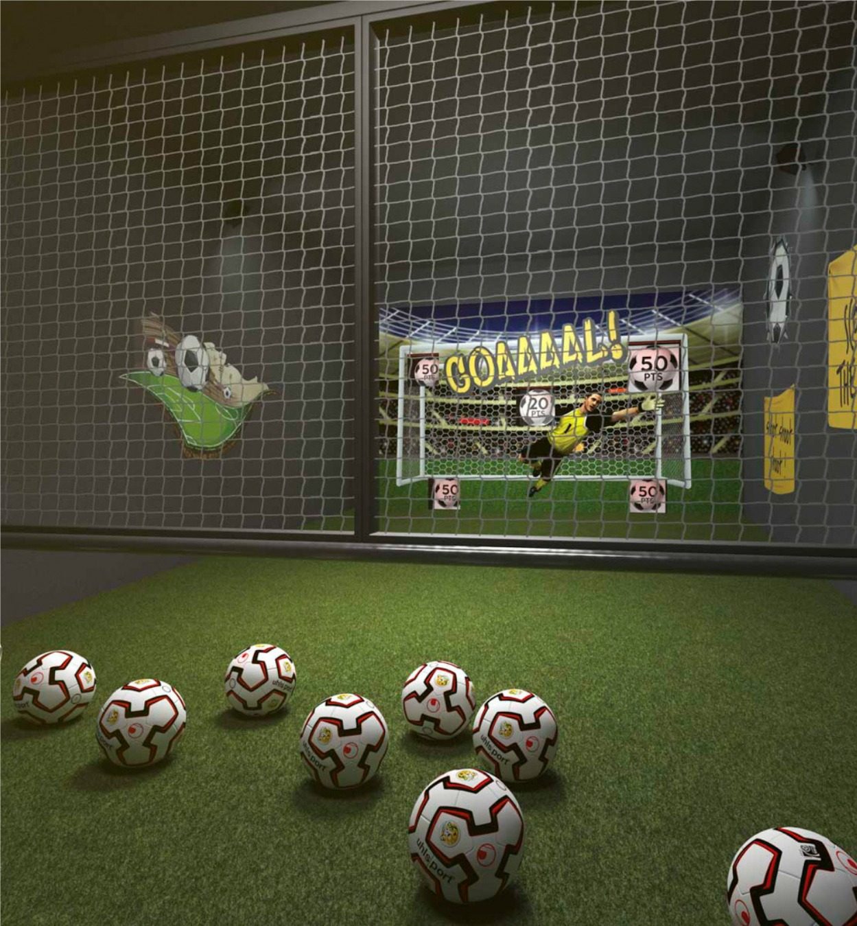 Salle Subbuteo : ballons de football face à des cages