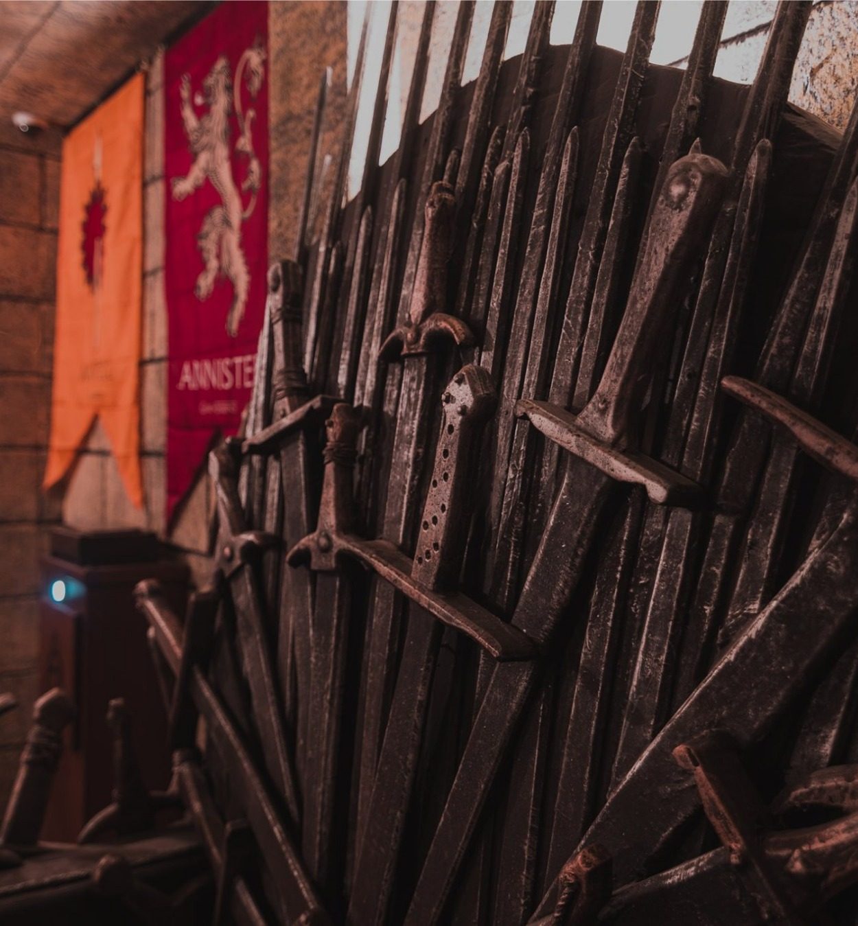 Salle Le Royaume de Feu & Glace : trône de fer et bannières, décor inspiré de Game of Thrones